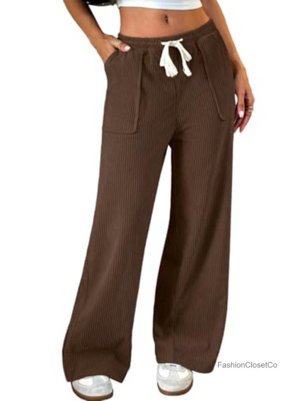 Corduroy Straight Leg Pants Elastic High Waist Drawstring Trousers